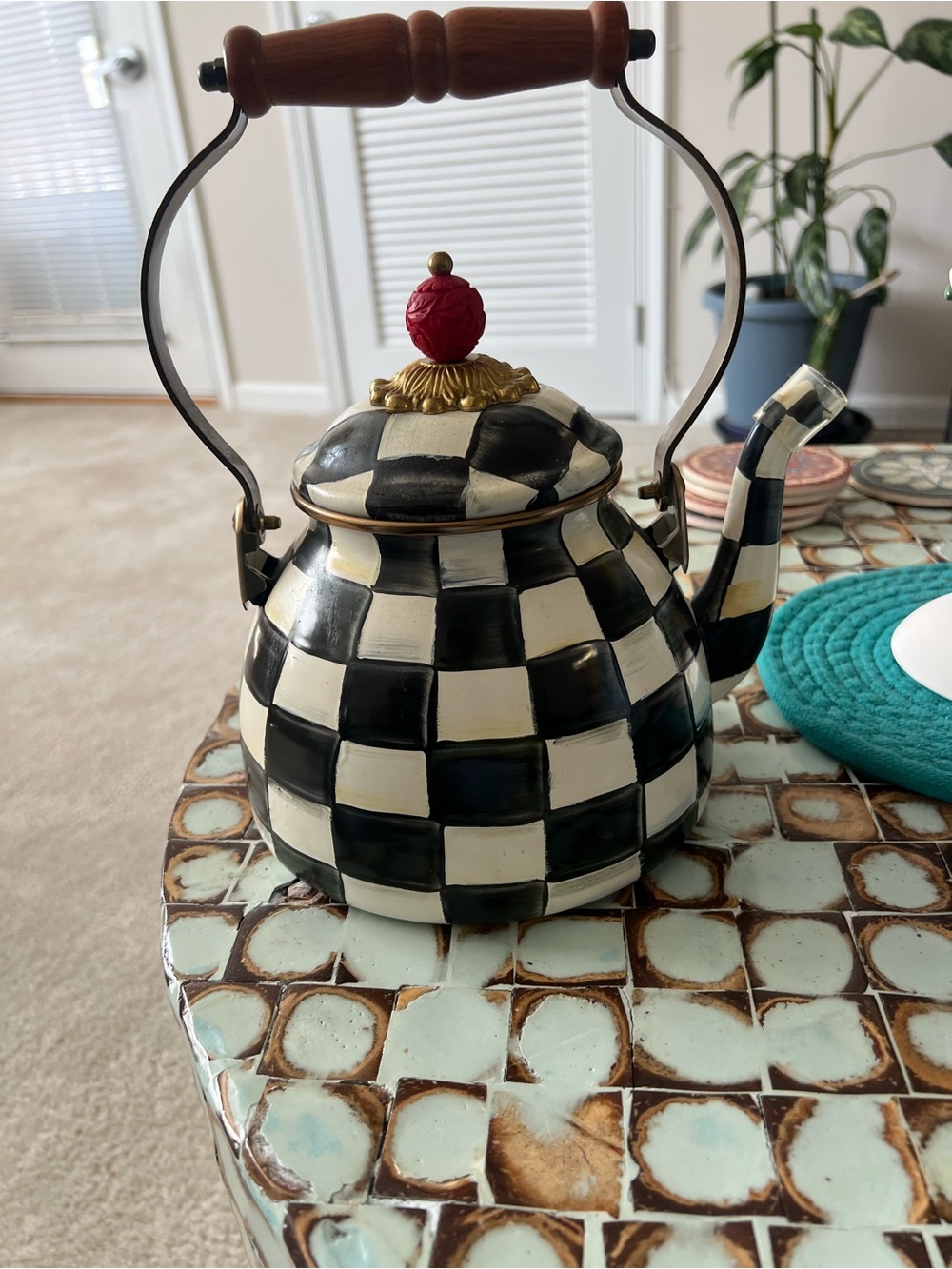 Mackenzie Childs Checkerboard Ceramic Teapot with Red Finial and Brown Handle